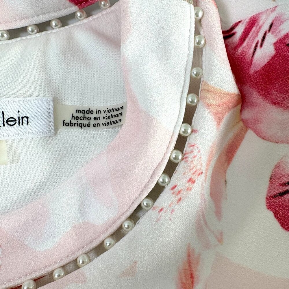 Calvin Klein Sheath Dress Women 12 Pink Floral Pearl Accent Neckline Sleeveless - Picture 7 of 12